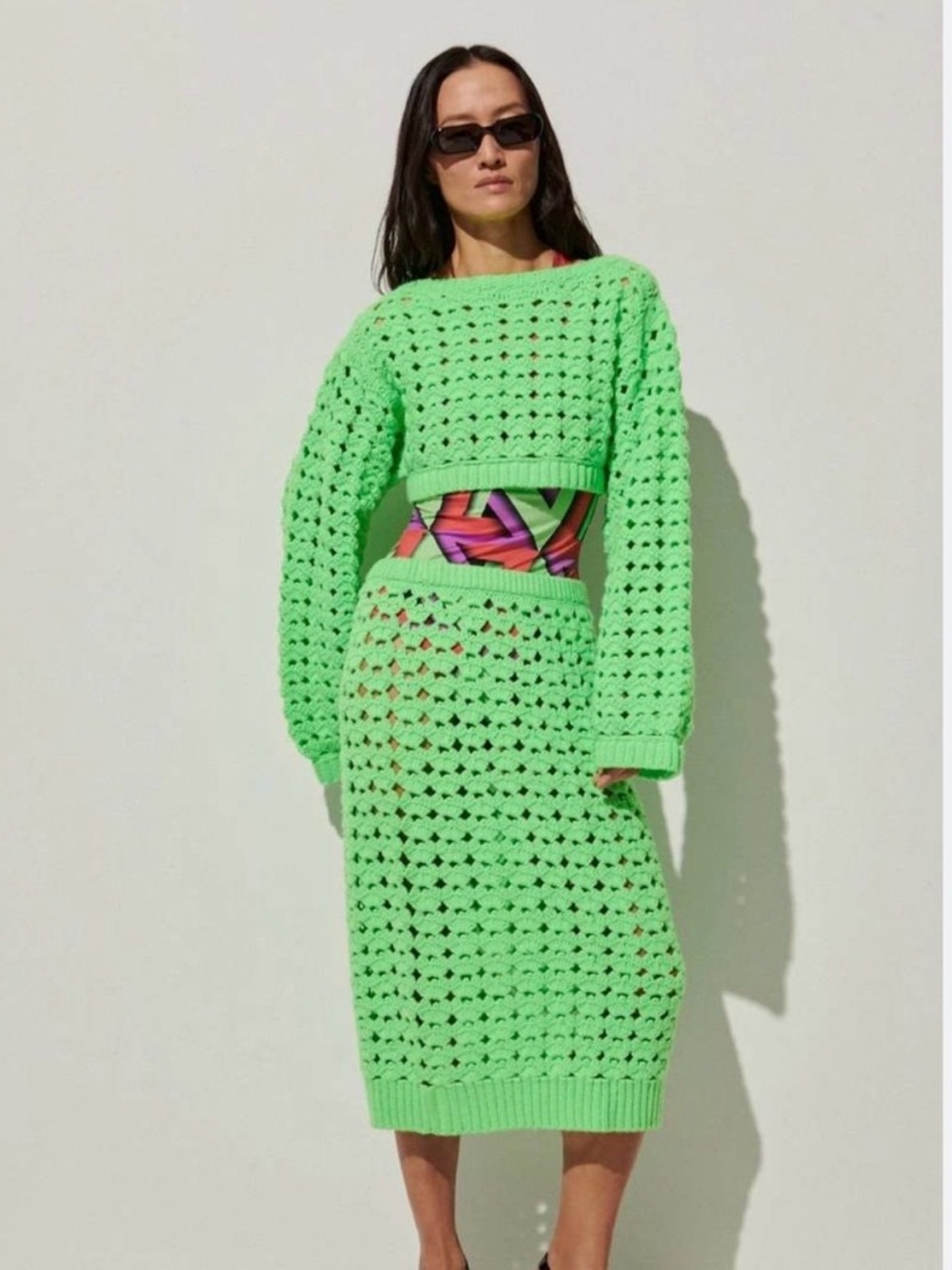 Rachel Comey 2-Piece Chunky Knit Crochet Crop Top and Pencil Skirt. Lime Green.